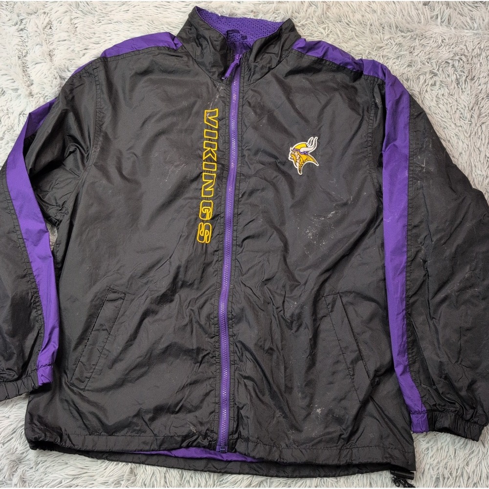 Vintage Minnesota Vikings Jacket Mens L Black Windbreaker Zip Up NFL Football